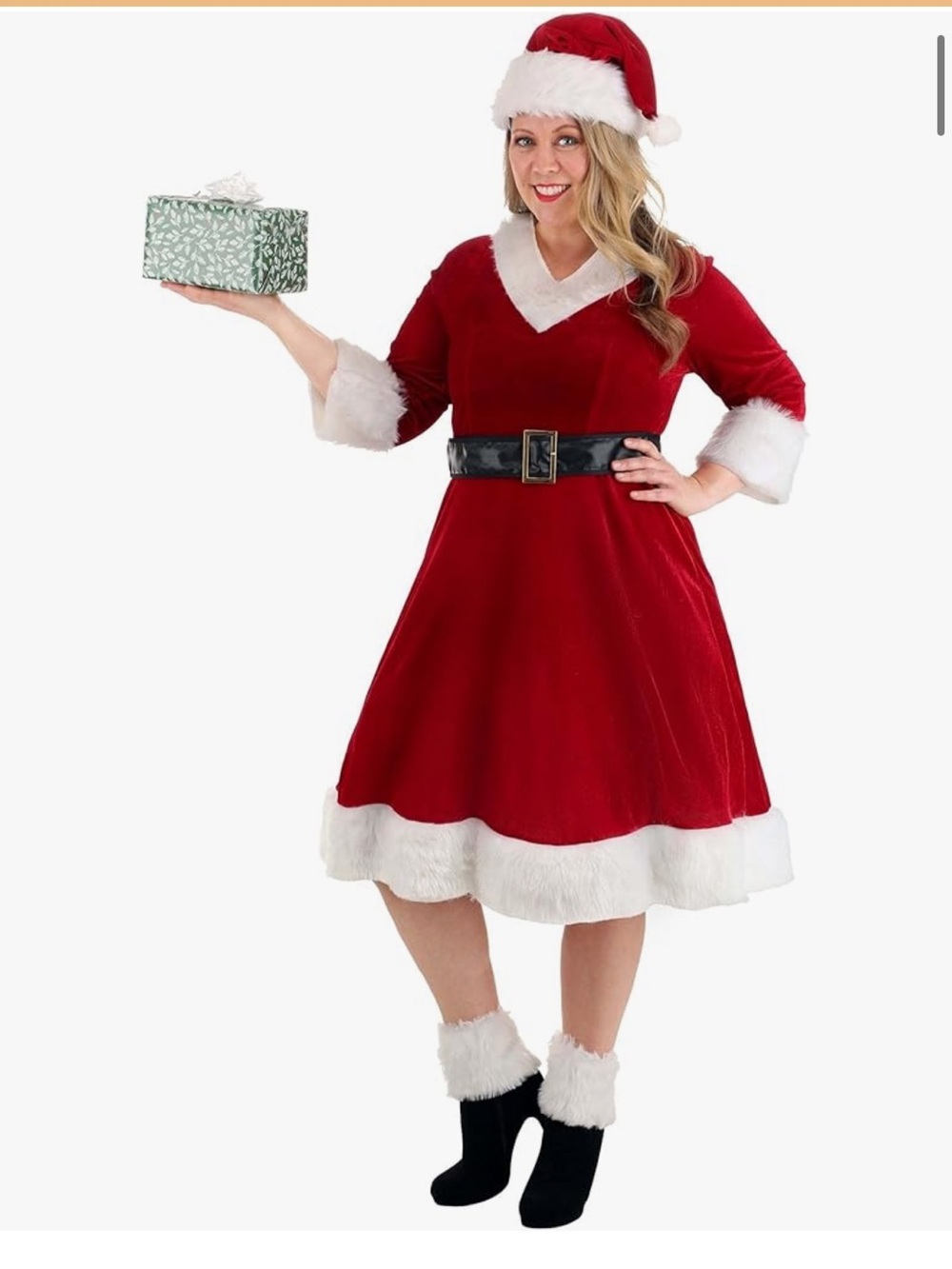 NWOT Classic Mrs. Claus Red Santa Velvet Dress w/Faux Fur Trim Hat|Dress|Belt